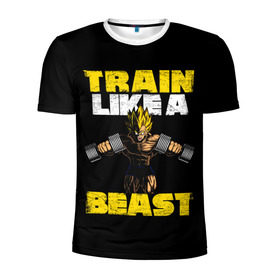 Мужская футболка 3D спортивная с принтом Train Like a Beast в Санкт-Петербурге, 100% полиэстер с улучшенными характеристиками | приталенный силуэт, круглая горловина, широкие плечи, сужается к линии бедра | dragon ball | strong | workout | воркаут | драгон бол