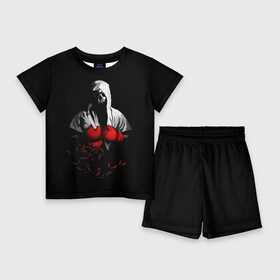 Детский костюм с шортами 3D с принтом Мертвый боксер в Санкт-Петербурге,  |  | bone | boxing | combat | fight | fighter | kickboxing | muay thai | skelet | skull | wrestling | боец | бой | бокс | боксер | драка | кикбоксинг | кости | май тай | скелет | череп