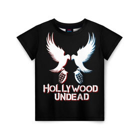 Детская футболка 3D с принтом Hollywood Undead в Санкт-Петербурге, 100% гипоаллергенный полиэфир | прямой крой, круглый вырез горловины, длина до линии бедер, чуть спущенное плечо, ткань немного тянется | Тематика изображения на принте: hollywood undead
