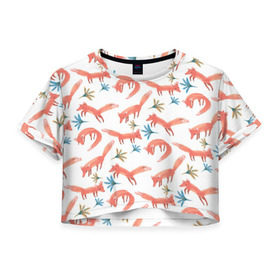 Женская футболка 3D укороченная с принтом Лисичек много не бывает в Санкт-Петербурге, 100% полиэстер | круглая горловина, длина футболки до линии талии, рукава с отворотами | лиса | лисы | минимализм | паттерн