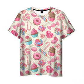 Мужская футболка 3D с принтом Радости и сладости в Санкт-Петербурге, 100% полиэфир | прямой крой, круглый вырез горловины, длина до линии бедер | Тематика изображения на принте: глазурь | кексы | конфеты | леденцы | пончик | сладости