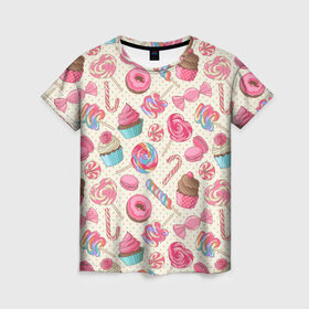 Женская футболка 3D с принтом Радости и сладости в Санкт-Петербурге, 100% полиэфир ( синтетическое хлопкоподобное полотно) | прямой крой, круглый вырез горловины, длина до линии бедер | глазурь | кексы | конфеты | леденцы | пончик | сладости