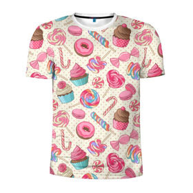Мужская футболка 3D спортивная с принтом Радости и сладости в Санкт-Петербурге, 100% полиэстер с улучшенными характеристиками | приталенный силуэт, круглая горловина, широкие плечи, сужается к линии бедра | глазурь | кексы | конфеты | леденцы | пончик | сладости