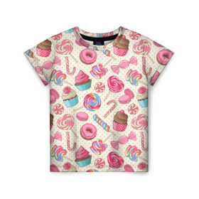 Детская футболка 3D с принтом Радости и сладости в Санкт-Петербурге, 100% гипоаллергенный полиэфир | прямой крой, круглый вырез горловины, длина до линии бедер, чуть спущенное плечо, ткань немного тянется | глазурь | кексы | конфеты | леденцы | пончик | сладости