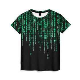 Женская футболка 3D с принтом Матрица в Санкт-Петербурге, 100% полиэфир ( синтетическое хлопкоподобное полотно) | прямой крой, круглый вырез горловины, длина до линии бедер | background | black | green | matrix | movie | numbers | зеленые | матрица | фильм | фон | цифры | черный