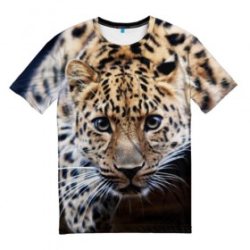 Мужская футболка 3D с принтом Леопард в Санкт-Петербурге, 100% полиэфир | прямой крой, круглый вырез горловины, длина до линии бедер | взгляд | глаза | дикая кошка | леопард | хищник