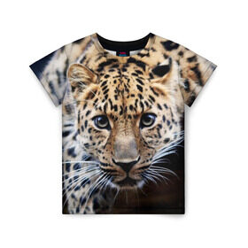 Детская футболка 3D с принтом Леопард в Санкт-Петербурге, 100% гипоаллергенный полиэфир | прямой крой, круглый вырез горловины, длина до линии бедер, чуть спущенное плечо, ткань немного тянется | Тематика изображения на принте: взгляд | глаза | дикая кошка | леопард | хищник