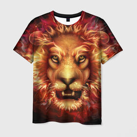 Мужская футболка 3D с принтом Огненный лев в Санкт-Петербурге, 100% полиэфир | прямой крой, круглый вырез горловины, длина до линии бедер | Тематика изображения на принте: animal | fire | flame | head | lion | look | predator | взгляд | голова | животное | лев | огненный | огонь | пламя | хищник