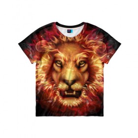Детская футболка 3D с принтом Огненный лев в Санкт-Петербурге, 100% гипоаллергенный полиэфир | прямой крой, круглый вырез горловины, длина до линии бедер, чуть спущенное плечо, ткань немного тянется | animal | fire | flame | head | lion | look | predator | взгляд | голова | животное | лев | огненный | огонь | пламя | хищник