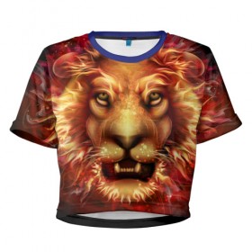 Женская футболка 3D укороченная с принтом Огненный лев в Санкт-Петербурге, 100% полиэстер | круглая горловина, длина футболки до линии талии, рукава с отворотами | animal | fire | flame | head | lion | look | predator | взгляд | голова | животное | лев | огненный | огонь | пламя | хищник