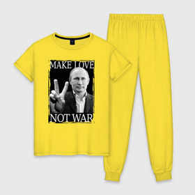Женская пижама хлопок с принтом Make love not war в Санкт-Петербурге, 100% хлопок | брюки и футболка прямого кроя, без карманов, на брюках мягкая резинка на поясе и по низу штанин | 