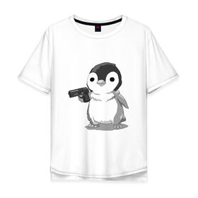 Мужская футболка хлопок Oversize с принтом пингвин в Санкт-Петербурге, 100% хлопок | свободный крой, круглый ворот, “спинка” длиннее передней части | gun | penguin | shotgun | tmblr | tumbler | пингвин | пистолет