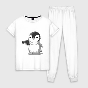 Женская пижама хлопок с принтом пингвин в Санкт-Петербурге, 100% хлопок | брюки и футболка прямого кроя, без карманов, на брюках мягкая резинка на поясе и по низу штанин | gun | penguin | shotgun | tmblr | tumbler | пингвин | пистолет