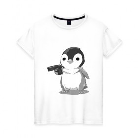 Женская футболка хлопок с принтом пингвин в Санкт-Петербурге, 100% хлопок | прямой крой, круглый вырез горловины, длина до линии бедер, слегка спущенное плечо | gun | penguin | shotgun | tmblr | tumbler | пингвин | пистолет