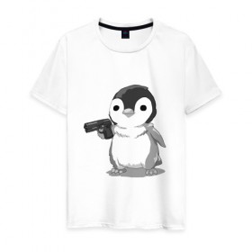 Мужская футболка хлопок с принтом пингвин в Санкт-Петербурге, 100% хлопок | прямой крой, круглый вырез горловины, длина до линии бедер, слегка спущенное плечо. | gun | penguin | shotgun | tmblr | tumbler | пингвин | пистолет
