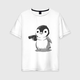 Женская футболка хлопок Oversize с принтом пингвин в Санкт-Петербурге, 100% хлопок | свободный крой, круглый ворот, спущенный рукав, длина до линии бедер
 | gun | penguin | shotgun | tmblr | tumbler | пингвин | пистолет