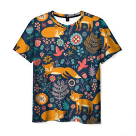 Мужская футболка 3D с принтом Лисички паттерн в Санкт-Петербурге, 100% полиэфир | прямой крой, круглый вырез горловины, длина до линии бедер | fox | животные | лиса | лисичка | лисы | осень | рыжая | фыр фыр | цветы