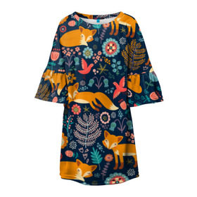 Детское платье 3D с принтом Лисички паттерн в Санкт-Петербурге, 100% полиэстер | прямой силуэт, чуть расширенный к низу. Круглая горловина, на рукавах — воланы | fox | животные | лиса | лисичка | лисы | осень | рыжая | фыр фыр | цветы