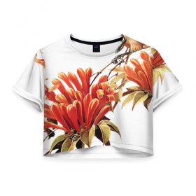 Женская футболка 3D укороченная с принтом экзотическая птица в Санкт-Петербурге, 100% полиэстер | круглая горловина, длина футболки до линии талии, рукава с отворотами | весна | девушкам | птицы | цветы