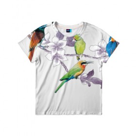 Детская футболка 3D с принтом экзотические птицы в Санкт-Петербурге, 100% гипоаллергенный полиэфир | прямой крой, круглый вырез горловины, длина до линии бедер, чуть спущенное плечо, ткань немного тянется | 8 марта | девушкам | птицы | экзотика