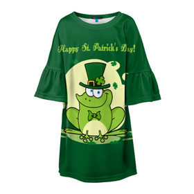 Детское платье 3D с принтом Ирландия в Санкт-Петербурге, 100% полиэстер | прямой силуэт, чуть расширенный к низу. Круглая горловина, на рукавах — воланы | clover | frog | green | happy st. patricks day | ireland | irish | moon | день святого патрика | зелёная | ирландец | ирландия | клевер | луна | лягушка | счастливый | шляпа