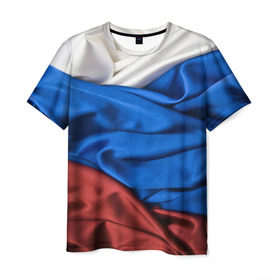 Мужская футболка 3D с принтом Триколор в Санкт-Петербурге, 100% полиэфир | прямой крой, круглый вырез горловины, длина до линии бедер | белый | красный | синий | складки | текстура | ткань