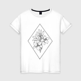 Женская футболка хлопок с принтом Белая лилия в Санкт-Петербурге, 100% хлопок | прямой крой, круглый вырез горловины, длина до линии бедер, слегка спущенное плечо | 