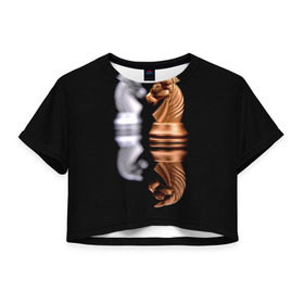Женская футболка 3D укороченная с принтом Ход конём в Санкт-Петербурге, 100% полиэстер | круглая горловина, длина футболки до линии талии, рукава с отворотами | 64 | chess | игра | конь | спорт | фигура | шахматы