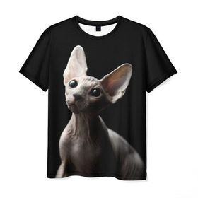 Мужская футболка 3D с принтом Сфинкс в Санкт-Петербурге, 100% полиэфир | прямой крой, круглый вырез горловины, длина до линии бедер | black | cat | взгляд | кот | котик | котэ | кошка | сфинкс | уши | черный