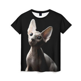 Женская футболка 3D с принтом Сфинкс в Санкт-Петербурге, 100% полиэфир ( синтетическое хлопкоподобное полотно) | прямой крой, круглый вырез горловины, длина до линии бедер | black | cat | взгляд | кот | котик | котэ | кошка | сфинкс | уши | черный