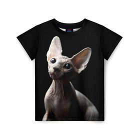 Детская футболка 3D с принтом Сфинкс в Санкт-Петербурге, 100% гипоаллергенный полиэфир | прямой крой, круглый вырез горловины, длина до линии бедер, чуть спущенное плечо, ткань немного тянется | black | cat | взгляд | кот | котик | котэ | кошка | сфинкс | уши | черный