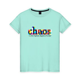 Женская футболка хлопок с принтом Хаос- высшая степень порядка. в Санкт-Петербурге, 100% хлопок | прямой крой, круглый вырез горловины, длина до линии бедер, слегка спущенное плечо | Тематика изображения на принте: chaos | order | pixel | science | пиксели | порядок | сериал | хаос | цитата