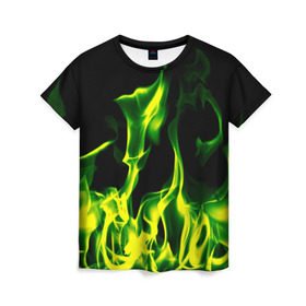 Женская футболка 3D с принтом Зелёный огонь в Санкт-Петербурге, 100% полиэфир ( синтетическое хлопкоподобное полотно) | прямой крой, круглый вырез горловины, длина до линии бедер | пламя | черный | яркий