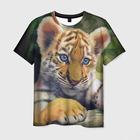 Мужская футболка 3D с принтом Тигренок в Санкт-Петербурге, 100% полиэфир | прямой крой, круглый вырез горловины, длина до линии бедер | животные | котенок | кошка. кот | тигр | тигренок