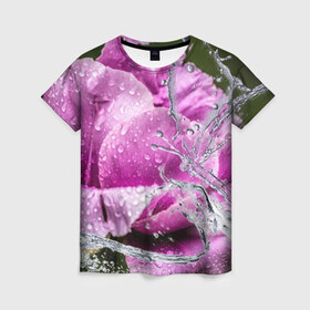 Женская футболка 3D с принтом Душа цветов в Санкт-Петербурге, 100% полиэфир ( синтетическое хлопкоподобное полотно) | прямой крой, круглый вырез горловины, длина до линии бедер | бабочка | букет | вода | девушки | душа | красота | прелесть | роза | розы | цветы