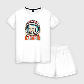 Женская пижама с шортиками хлопок с принтом Юрий Гагарин. Первый в космосе в Санкт-Петербурге, 100% хлопок | футболка прямого кроя, шорты свободные с широкой мягкой резинкой | восток | звезды | космов | первый | ракета | ссср | юрий гагарин