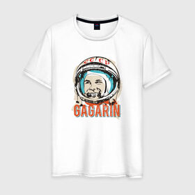 Мужская футболка хлопок с принтом Юрий Гагарин. Первый в космосе в Санкт-Петербурге, 100% хлопок | прямой крой, круглый вырез горловины, длина до линии бедер, слегка спущенное плечо. | восток | звезды | космов | первый | ракета | ссср | юрий гагарин