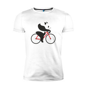 Мужская футболка премиум с принтом Панда на велосипеде в Санкт-Петербурге, 92% хлопок, 8% лайкра | приталенный силуэт, круглый вырез ворота, длина до линии бедра, короткий рукав | Тематика изображения на принте: велик | велосипед | медведь | мишка | панда