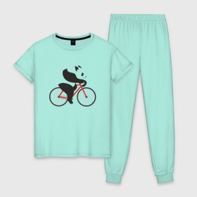 Женская пижама хлопок с принтом Панда на велосипеде в Санкт-Петербурге, 100% хлопок | брюки и футболка прямого кроя, без карманов, на брюках мягкая резинка на поясе и по низу штанин | велик | велосипед | медведь | мишка | панда