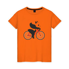 Женская футболка хлопок с принтом Панда на велосипеде в Санкт-Петербурге, 100% хлопок | прямой крой, круглый вырез горловины, длина до линии бедер, слегка спущенное плечо | Тематика изображения на принте: велик | велосипед | медведь | мишка | панда