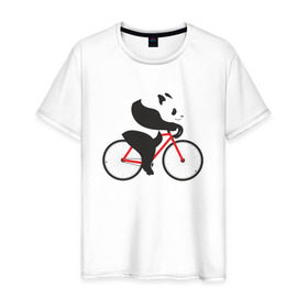 Мужская футболка хлопок с принтом Панда на велосипеде в Санкт-Петербурге, 100% хлопок | прямой крой, круглый вырез горловины, длина до линии бедер, слегка спущенное плечо. | Тематика изображения на принте: велик | велосипед | медведь | мишка | панда