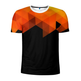 Мужская футболка 3D спортивная с принтом Trianse в Санкт-Петербурге, 100% полиэстер с улучшенными характеристиками | приталенный силуэт, круглая горловина, широкие плечи, сужается к линии бедра | Тематика изображения на принте: оранжевый | полигон | треугольники | черный