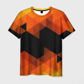 Мужская футболка 3D с принтом Trianse Orange в Санкт-Петербурге, 100% полиэфир | прямой крой, круглый вырез горловины, длина до линии бедер | Тематика изображения на принте: оранжевый | полигоны | треугольники | черный