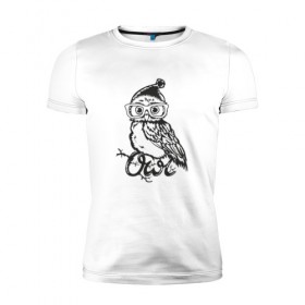 Мужская футболка премиум с принтом Сова в шапке в Санкт-Петербурге, 92% хлопок, 8% лайкра | приталенный силуэт, круглый вырез ворота, длина до линии бедра, короткий рукав | bird | owl | няша | птица | сова | совунья | совушка | сыч