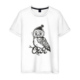 Мужская футболка хлопок с принтом Сова в шапке в Санкт-Петербурге, 100% хлопок | прямой крой, круглый вырез горловины, длина до линии бедер, слегка спущенное плечо. | bird | owl | няша | птица | сова | совунья | совушка | сыч