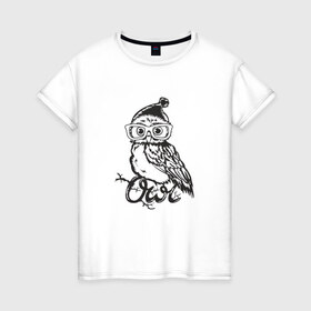 Женская футболка хлопок с принтом Сова в шапке в Санкт-Петербурге, 100% хлопок | прямой крой, круглый вырез горловины, длина до линии бедер, слегка спущенное плечо | bird | owl | няша | птица | сова | совунья | совушка | сыч