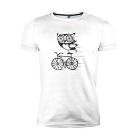 Мужская футболка премиум с принтом Сова на велосипеде в Санкт-Петербурге, 92% хлопок, 8% лайкра | приталенный силуэт, круглый вырез ворота, длина до линии бедра, короткий рукав | bird | owl | няша | птица | сова | совунья | совушка | сыч