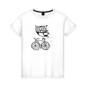 Женская футболка хлопок с принтом Сова на велосипеде в Санкт-Петербурге, 100% хлопок | прямой крой, круглый вырез горловины, длина до линии бедер, слегка спущенное плечо | bird | owl | няша | птица | сова | совунья | совушка | сыч