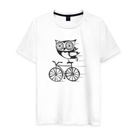 Мужская футболка хлопок с принтом Сова на велосипеде в Санкт-Петербурге, 100% хлопок | прямой крой, круглый вырез горловины, длина до линии бедер, слегка спущенное плечо. | bird | owl | няша | птица | сова | совунья | совушка | сыч