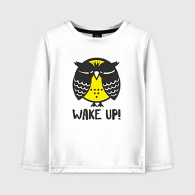 Детский лонгслив хлопок с принтом Owl Wake up! в Санкт-Петербурге, 100% хлопок | круглый вырез горловины, полуприлегающий силуэт, длина до линии бедер | bird | owl | няша | птица | сова | совунья | совушка | сыч